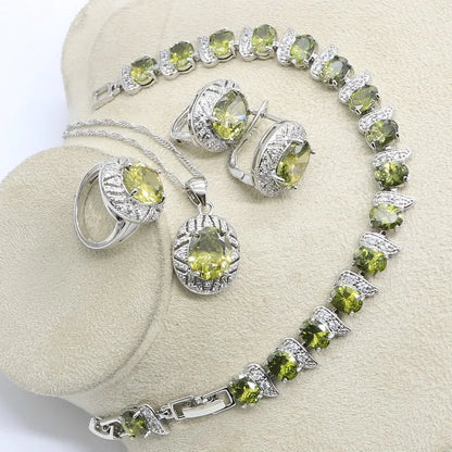 925 Sterling Silver Jewelry Set for Women – Olive Peridot & White Zircon Bracelet, Earrings, Necklace & Ring | Perfect for Parties & Weddings Coraline