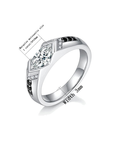 S925 Silver Marquise Rhombus Moissanite Ring – High-End Hip-Hop Style with Black and White Contrast, Perfect for Couples