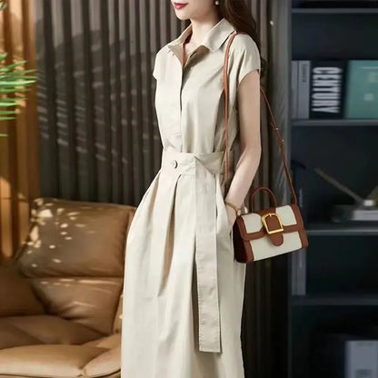 Summer Women's Solid Color Short Sleeve Shirt Dress – Waist Tie, Loose Fit, Slim and Stylish Design Zélie