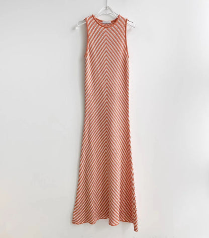 Ladies' Mid-Length Knitted Dress - Breathable Sleeveless Summer Dress with Contrast Stripes Octavia