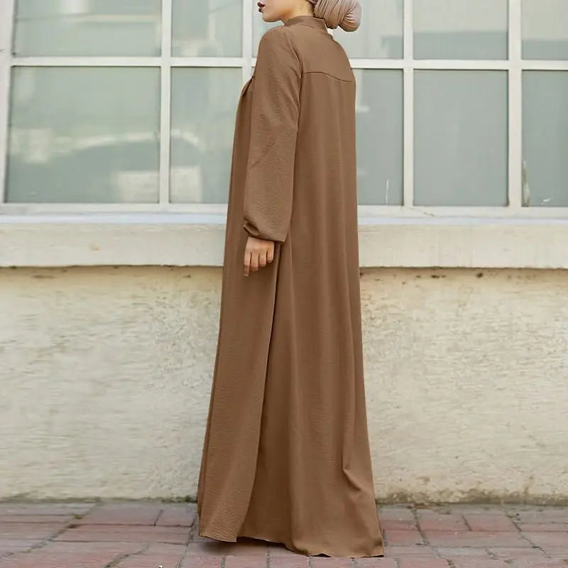 Women's Muslim Arab Style Long Dress – Elegant Abaya with Stand Collar, Zipper, Pockets, and Casual Coat Design Ameerah