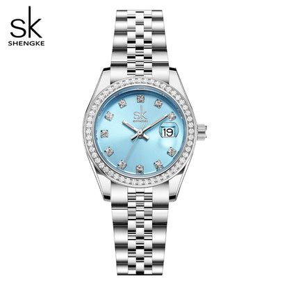 Shengke Elegant Women's Crystal-Accented Quartz Watch with Solid Alloy Steel Band and Calendar – Perfect Dress Watch for Women