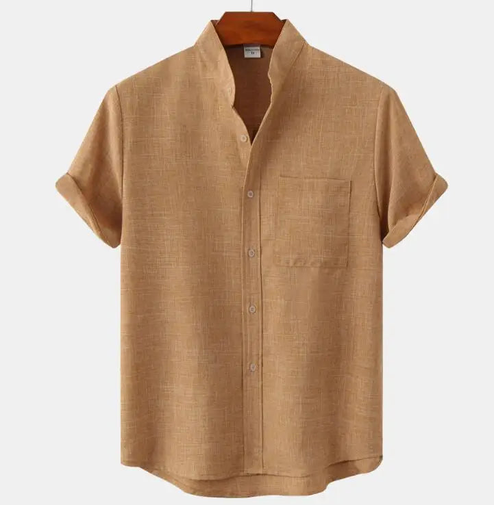 Men Summer V-neck Button up Cotton Linen Shirts Solid Color Short Sleeve Shirt Men's Fashion Trendy Shirts