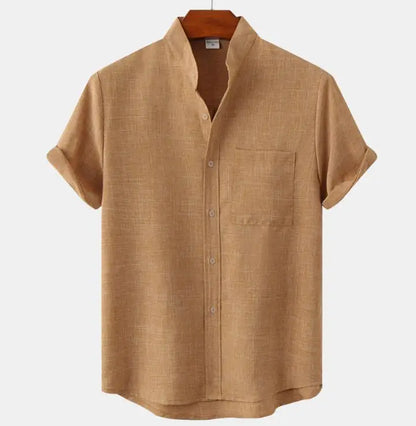Men Summer V-neck Button up Cotton Linen Shirts Solid Color Short Sleeve Shirt Men's Fashion Trendy Shirts