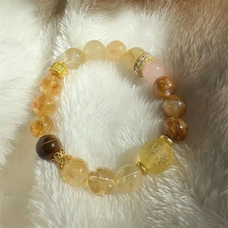 Natural Crystal Duobao Five Elements Bracelet – Golden Wood Water Fire Earth Balance Bangles