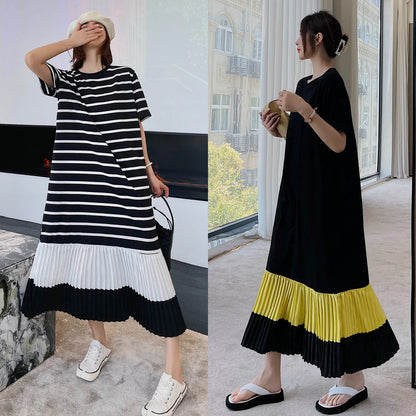 Summer Women's Loose Korean T-Shirt Dress – Over-the-Knee Design with Stitching and Short Sleeves Sophie