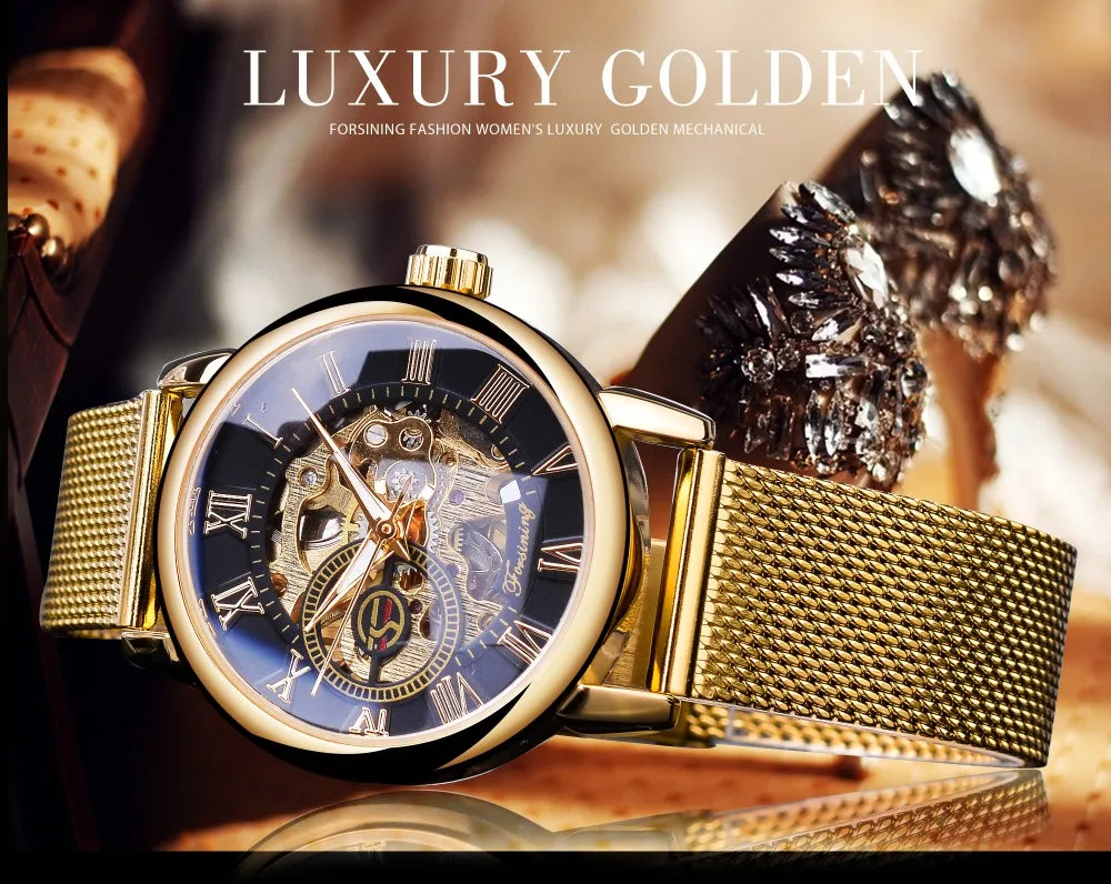 Forsining Women’s Skeleton Watch | Stainless Steel Transparent Mechanical Wristwatch – Waterproof Luxury Watch for Women