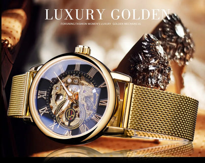 Forsining Women’s Skeleton Watch | Stainless Steel Transparent Mechanical Wristwatch – Waterproof Luxury Watch for Women