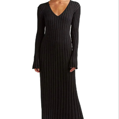 Elegant Ribbed Knit A-Line Maxi Dress for Women – Fall Winter V-Neck Long Dress | Simple & Chic Style Alexa