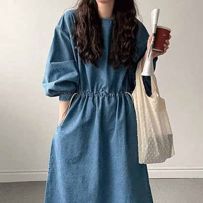 Retro Denim Dress | Spring Round Neck Tie-Waist Large Swing Washable Style Emma