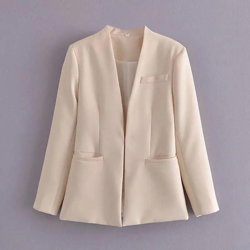 Women's Casual Long Sleeve Suit Jacket - All-Match Lapel-Free Blazer with Shoulder Pads Clemence