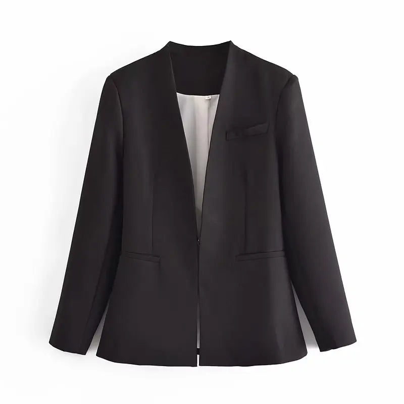 Women's Casual Long Sleeve Suit Jacket - All-Match Lapel-Free Blazer with Shoulder Pads Clemence