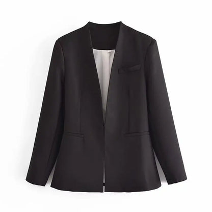 Women's Casual Long Sleeve Suit Jacket - All-Match Lapel-Free Blazer with Shoulder Pads Clemence