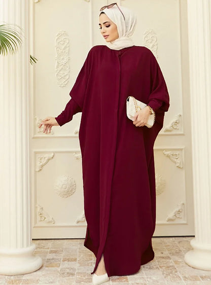 Bat Sleeve Loose-Fit Abaya – Solid Color Dubai & Turkey Style Muslim Dress | One-Size Modest Robe for Women Aleena