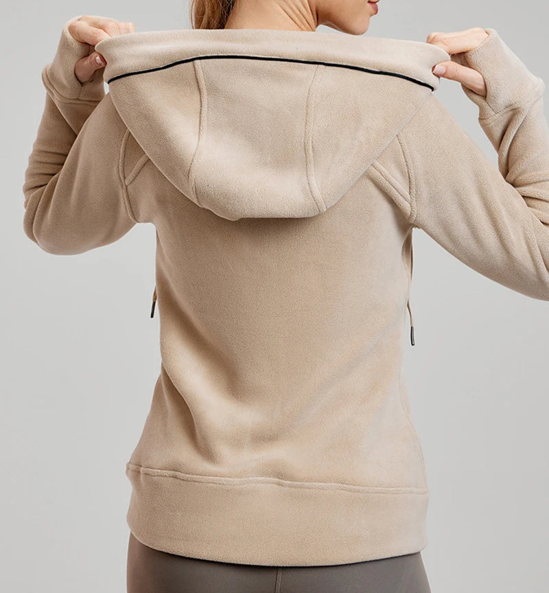 Women's Fleece Thickened Hoodie Jacket – Full Zip Winter Workout Top with Zipper Pocket, Warm Yoga Sweatshirt for Women