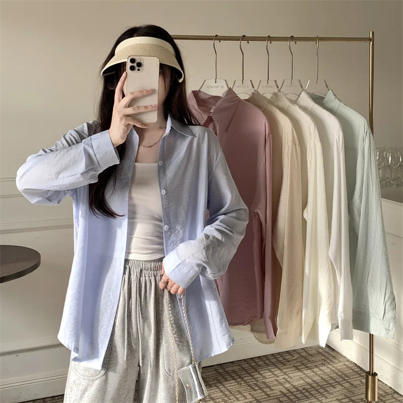 Women's Lightweight Long-Sleeve Shirt | Loose Korean-Style Single-Breasted Blouse Kara