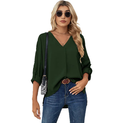 Women's Chiffon Blouse – Solid Color V-Neck Long Sleeve Casual Fashion Top