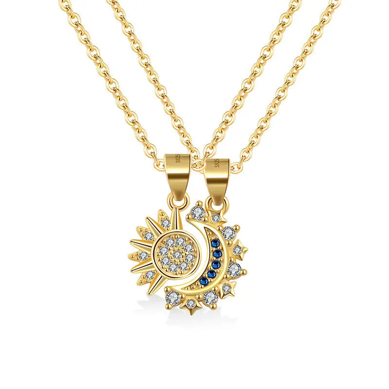 Sterling Silver Sun and Moon Couple Necklace – Custom Fine Pendant for Anniversary Gift Set Kelsa