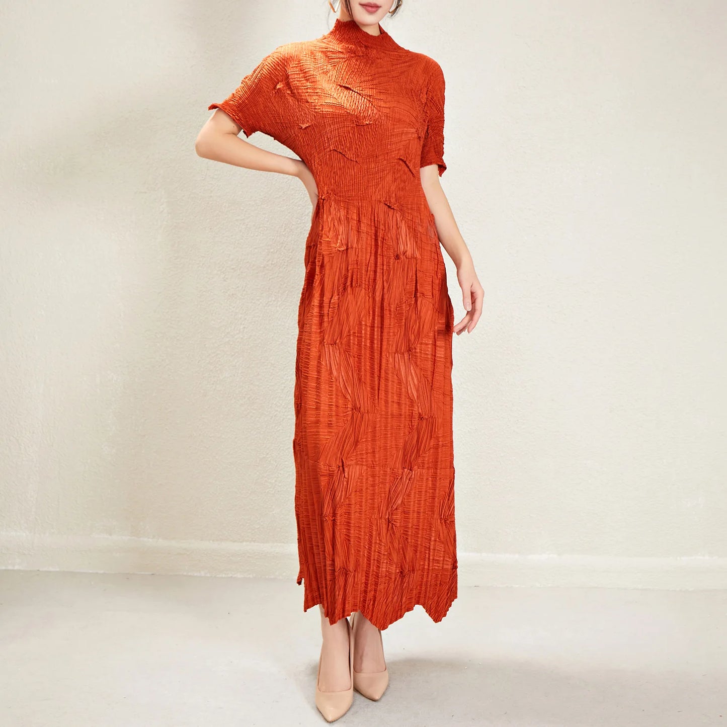 Women's Elegant Pleated Maxi Dress | Miyake Style with Belt, Breathable & Heat-Resistant Design Viviene