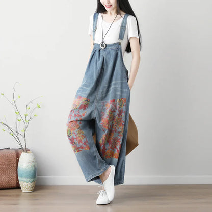 Women's Plus Size Wide-Leg Denim Jumpsuit – Printed Backband, Washed Finish, and Literary Style Ginny