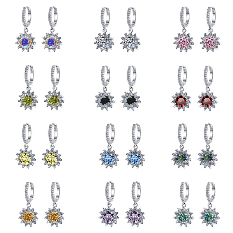 Fine Jewelry | Flower Shape S925 Sterling Silver Moissanite Earrings | 1Ct/0.5Ct Blue & Pink Stud and Hoop Design | GRA Certified Pamela