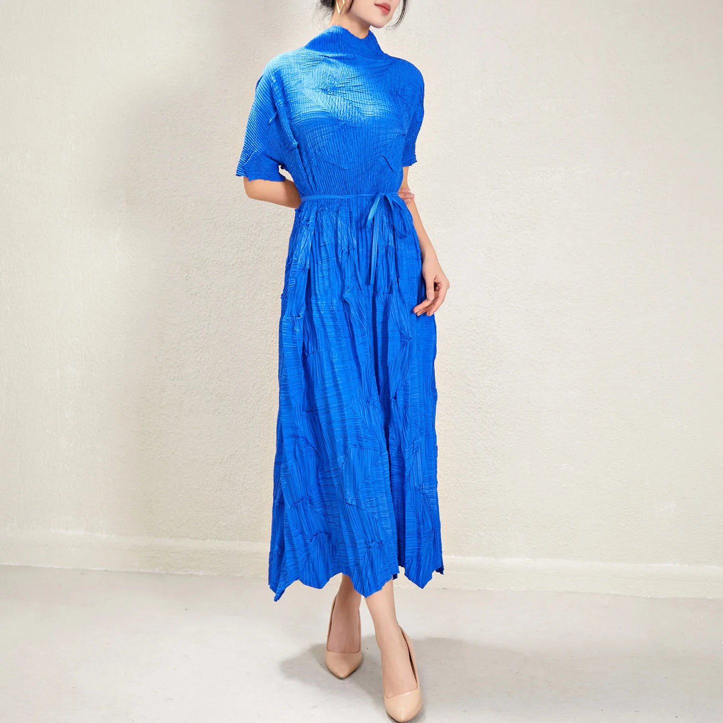 Women's Elegant Pleated Maxi Dress | Miyake Style with Belt, Breathable & Heat-Resistant Design Viviene