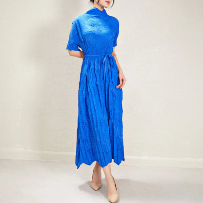 Women's Elegant Pleated Maxi Dress | Miyake Style with Belt, Breathable & Heat-Resistant Design Viviene
