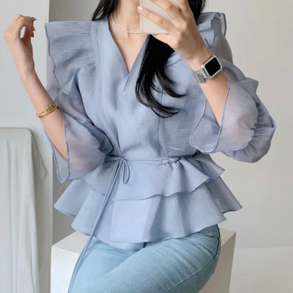 Spring and Summer Women's V-Neck Blouse – Tie Ruffle Design, Flared Sleeves, Solid Color