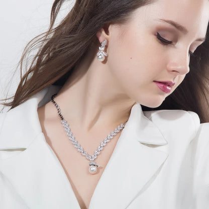 3pcs Silver Marquise-Cut Cubic Zirconia Jewelry Set – Big Pearl Drop Earrings, Bracelet & Necklace for Ladies Lisette