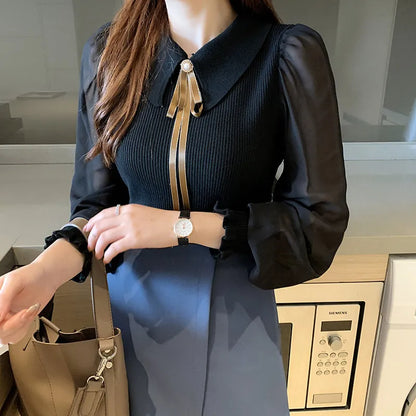 Women's Knitted Pullover – Long Puff Sleeve Doll Collar Spring Sweater with Lapel Ribbon Daiy