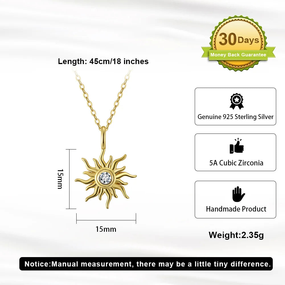 Elegant Sterling Silver Zirconia Sun Pendant Necklace for Women Katnis