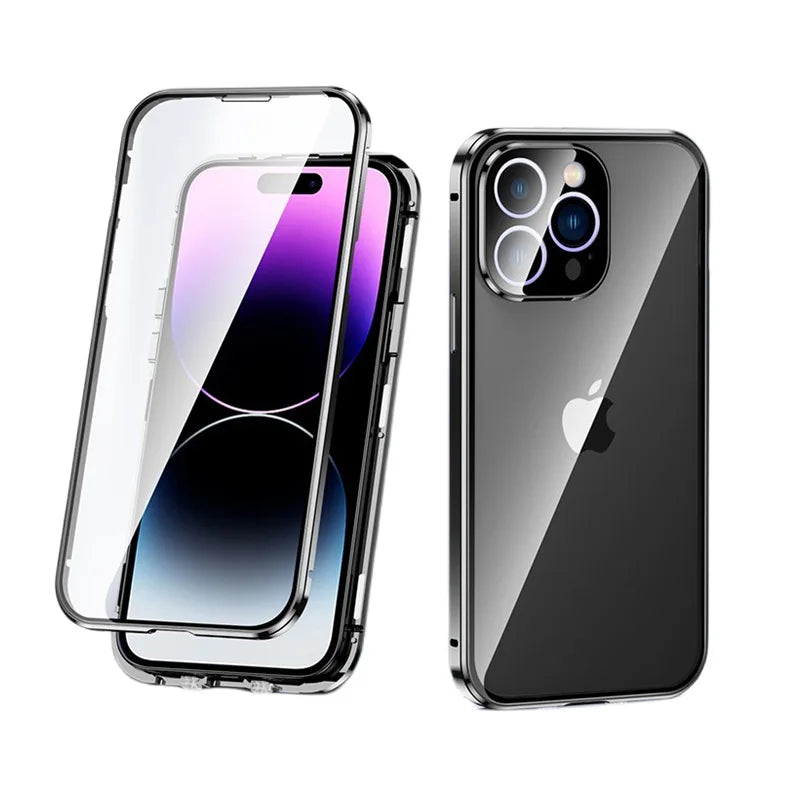 Magnetic 360° Full Metal Frame Phone Case – Double-Sided Tempered Glass HD Cover for iPhone 15, 14, 13 Pro Max