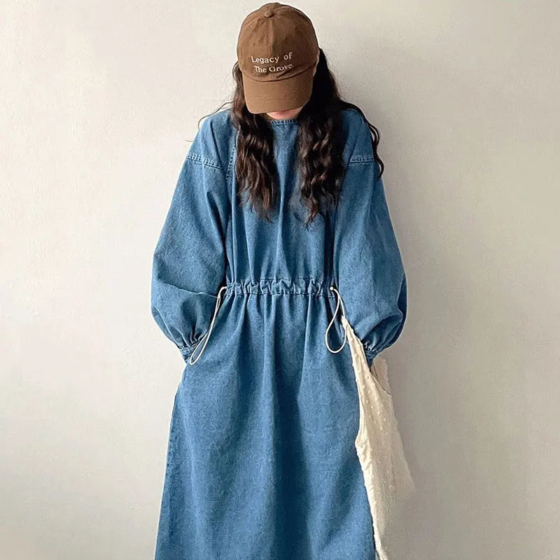 Retro Denim Dress | Spring Round Neck Tie-Waist Large Swing Washable Style Emma