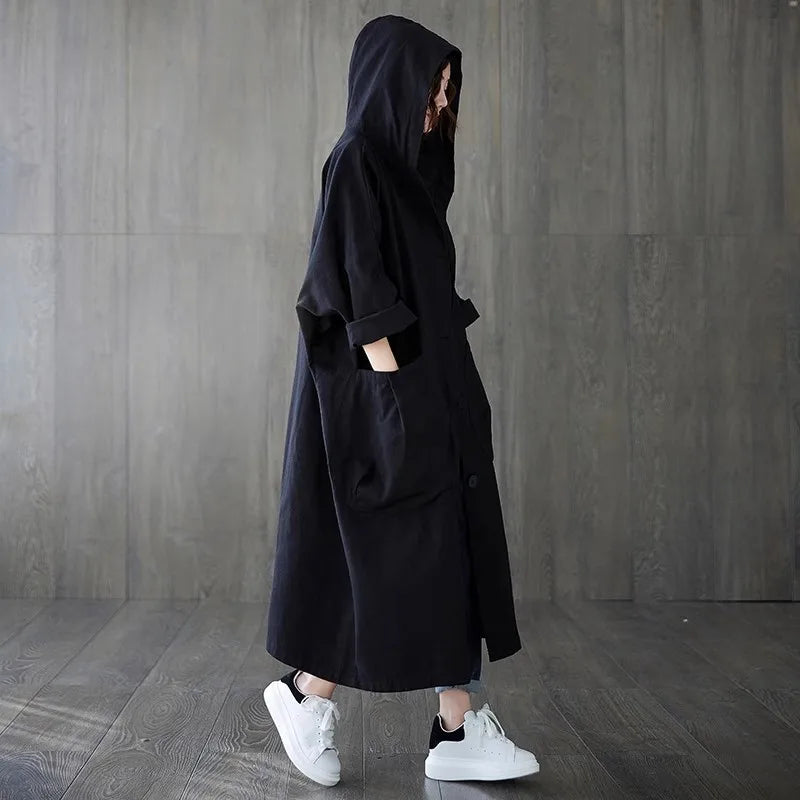 Casual Hooded Women's Coat with Pockets – Loose-Fit Long Autumn Jacket Ruby
