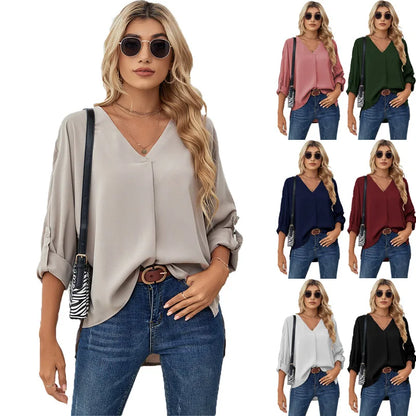 Women's Chiffon Blouse – Solid Color V-Neck Long Sleeve Casual Fashion Top