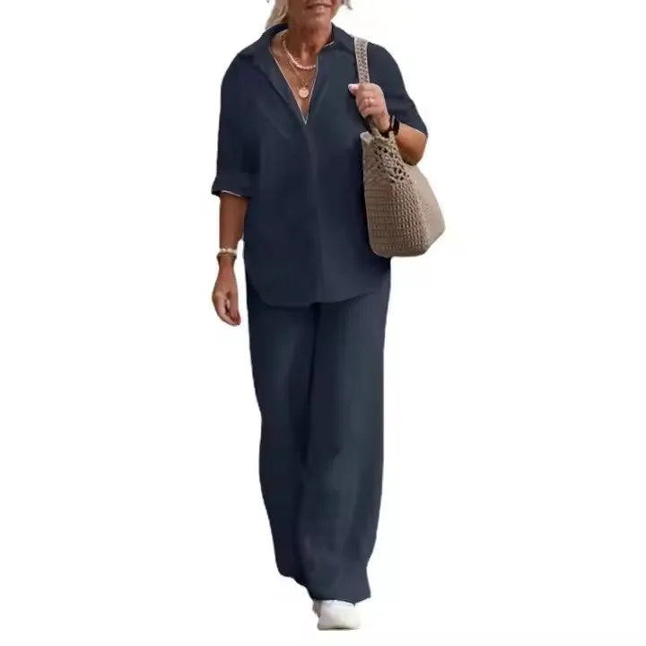 Women Casual Solid Color Pants Wide Leg Set