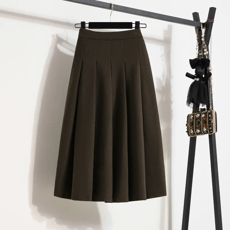 High Waist A-line Pleated Skirt Solid Color Loose Mid Long Style Elegant Casual Skirt