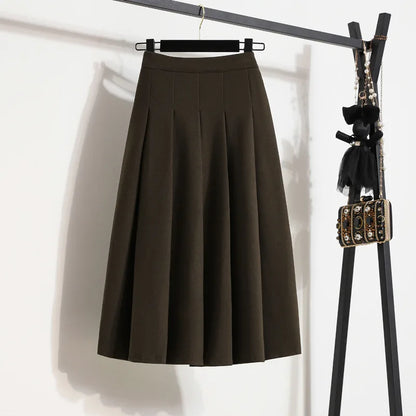 High Waist A-line Pleated Skirt Solid Color Loose Mid Long Style Elegant Casual Skirt