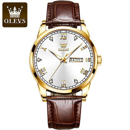 OLEVS 6896 Genuine Leather Strap, Quartz Movement, Waterproof Design