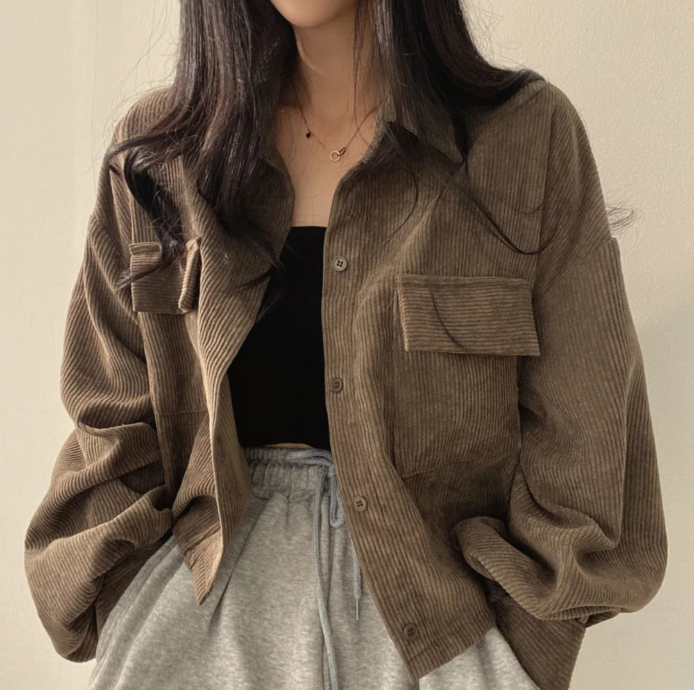 Women's Elegant Corduroy Jacket - Single-Breasted Casual Coat with Turn-Down Collar and Short Lantern Sleeves Celeste