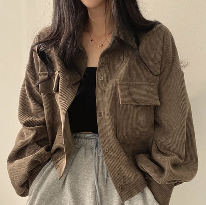 Women's Elegant Corduroy Jacket - Single-Breasted Casual Coat with Turn-Down Collar and Short Lantern Sleeves Celeste