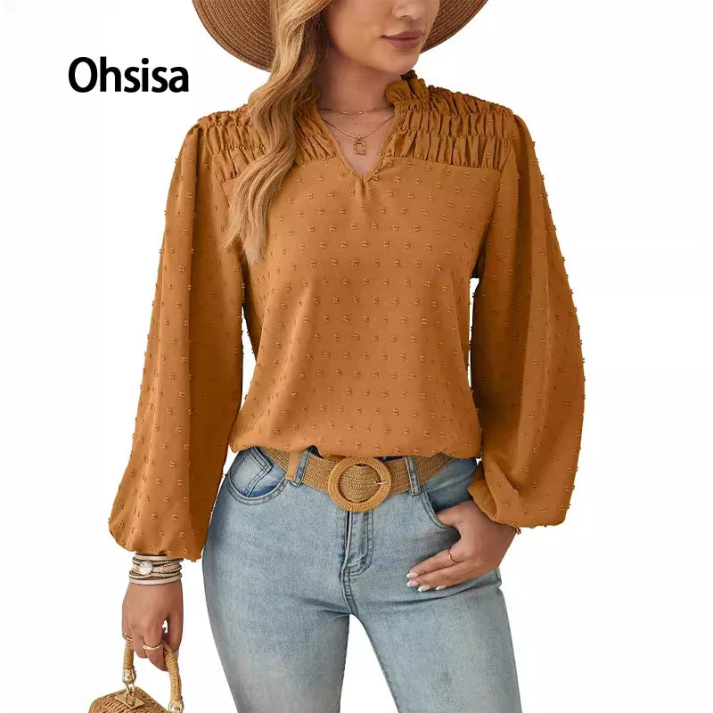 Women's Long Sleeve Chiffon Blouse – Pleated Woven Jacquard Shirt