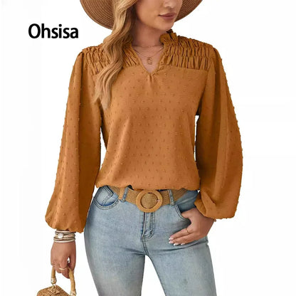 Women's Long Sleeve Chiffon Blouse – Pleated Woven Jacquard Shirt
