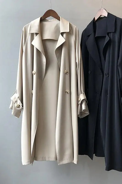 Women's Long Thin Trench Coat - Korean Style, Loose Fit, Solid Color, Over-the-Knee Design Adelein