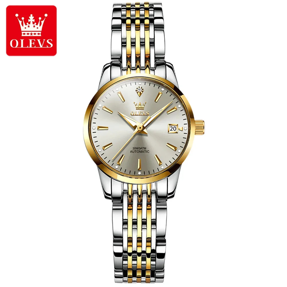 Olevs 6635 Automatic Luxury Watch - Women's Stainless Steel Strap, Classic Fashion Design, Mechanical Movement with Calendar & Date