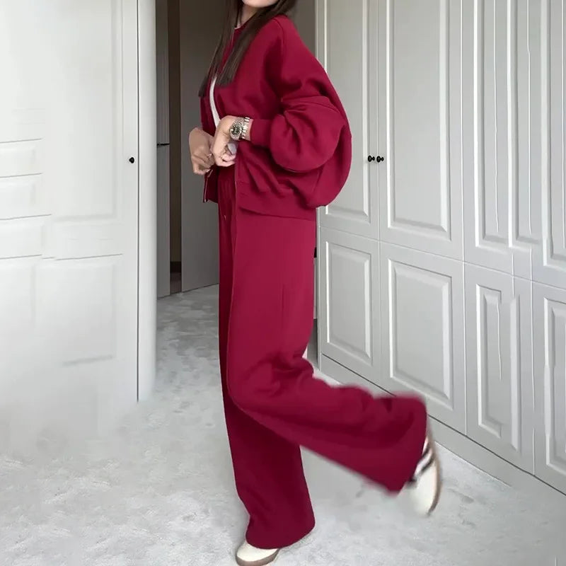Women's 2-Piece Outfit: O-Neck Long Sleeve Top, Sleeveless Vest, and Wide-Leg Pants Set – Stylish & Versatile Selene