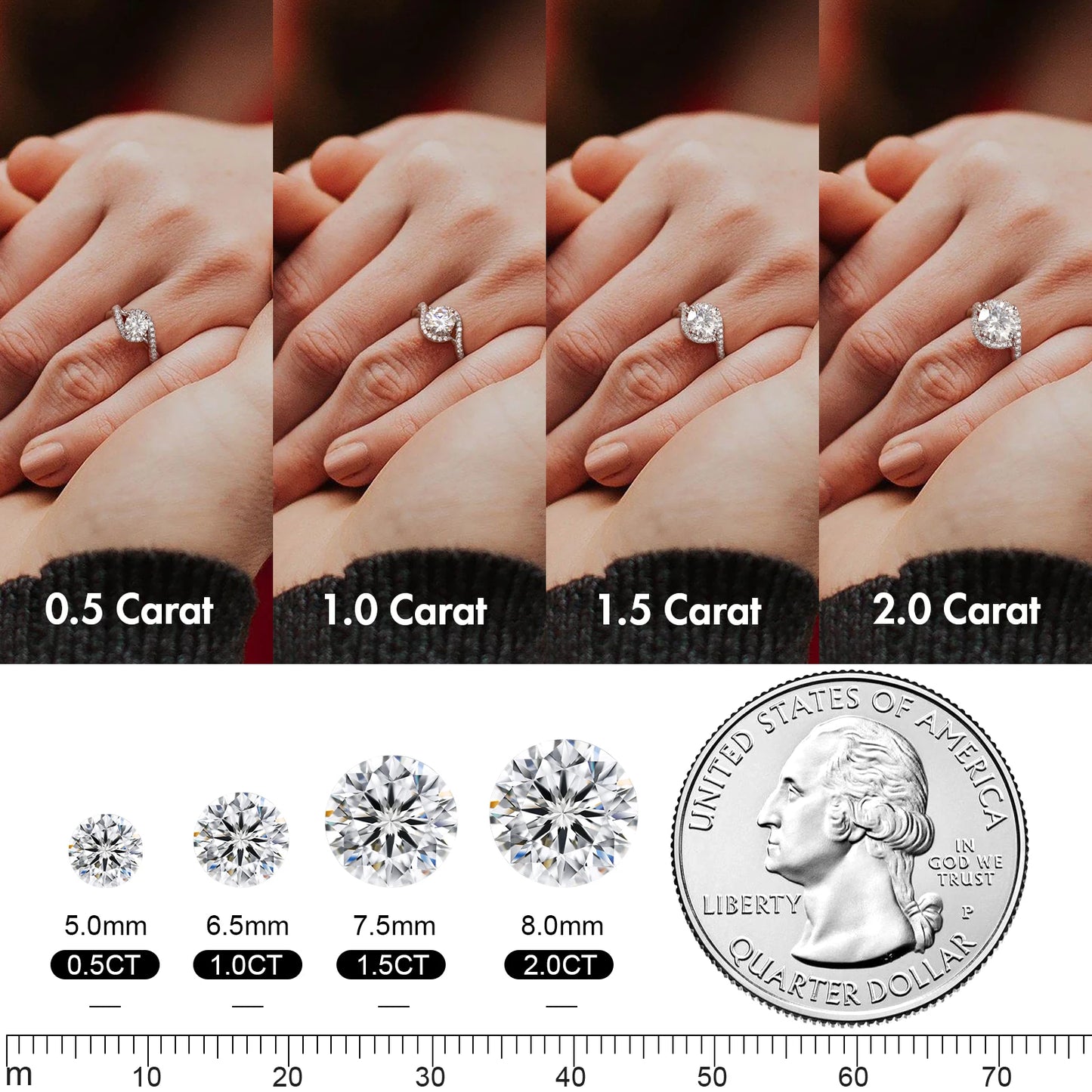 Luxury Bridal Moissanite Diamond Ring - 2.0ct & 1.0ct White Gold-Plated 925 Sterling Silver Engagement Promise Ring
