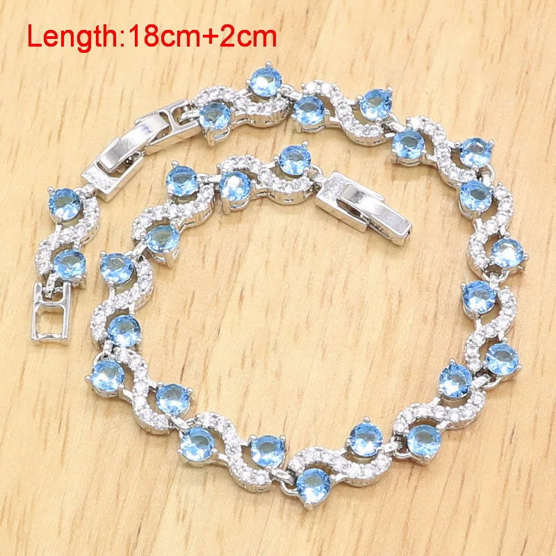925 Sterling Silver Luxury Jewelry Set for Women – Blue Zircon Wedding Bracelet, Earrings, Necklace, Pendant & Ring | Bridal & Birthday Gift Ghislaine