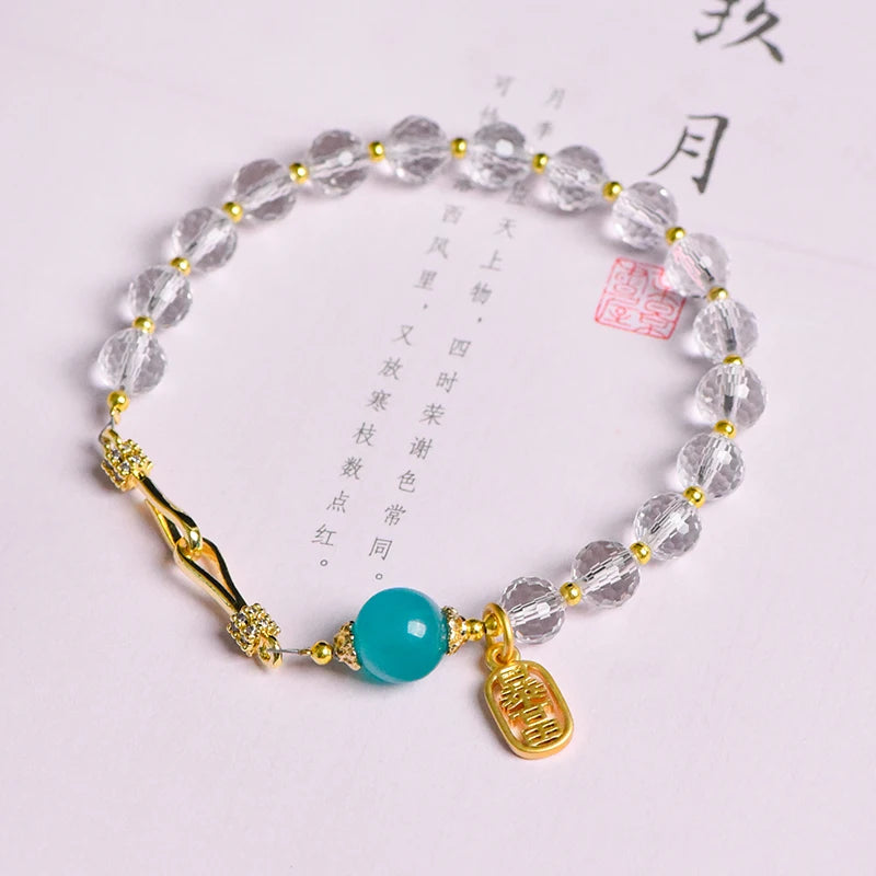 High-Quality White Crystal & Sea Blue Amazonite Beaded Bracelet – Trendy Natural Crystal Energy Healing Jewelry