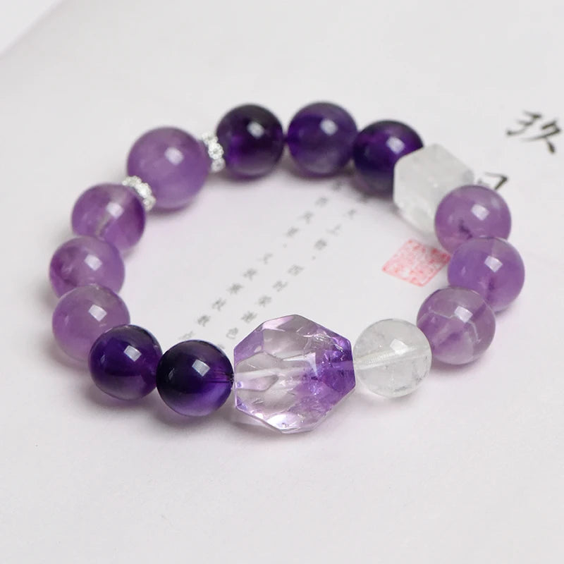 Natural Clear Quartz & Amethyst Crystal Beaded Bracelet (12mm) – Elegant Spiritual Jewelry for Mental Clarity & Intuition Enhancement